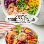 Chopped veggies in white bowl with cooked shrimp.