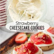 Mixed cheesecake frosting in bowl and baked strawberry cheesecake cookie on metal baking pan.