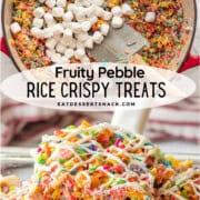 Marshmallows and fruity pebbles in large pot, and slice of crispy treat with white chocolate.