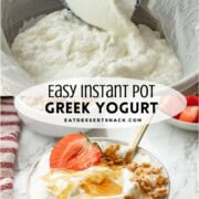 Ladle of fresh yogurt and bowl of yogurt with honey and granola.