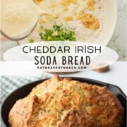 Pouring milk into white bowl of ingredients for irish cheese soday bread and baked soda bread in cast iron pan.