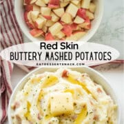 Raw red potatoes sliced in white bowl and cooked red skin potatoes with butter in white bowl.