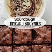 Raw sourdough discard brownie batter in a bowl and baked brownies.