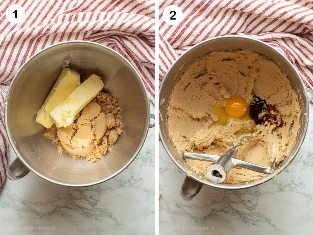 Butter and brown sugar in metal bowl, and egg and vanilla in metal mixing bowl with paddle attachment.