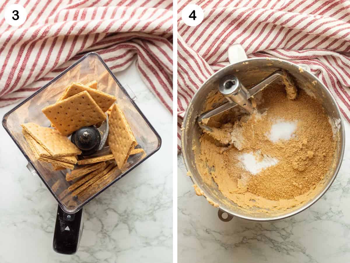 Graham crackers in quater blender and crumbs and salt in metal mixing bowl.