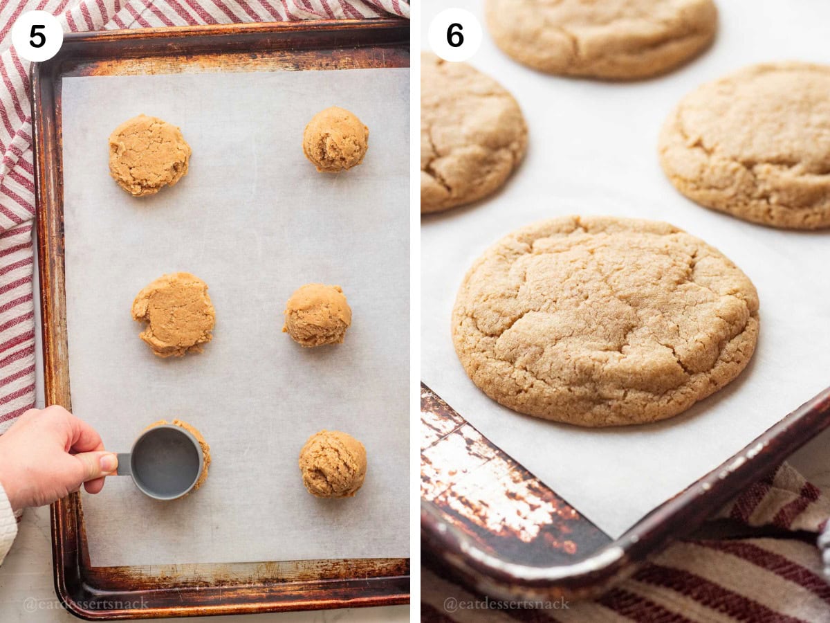 Hand pressing down on raw graham cracker dough and baked graham cracker base cookie.