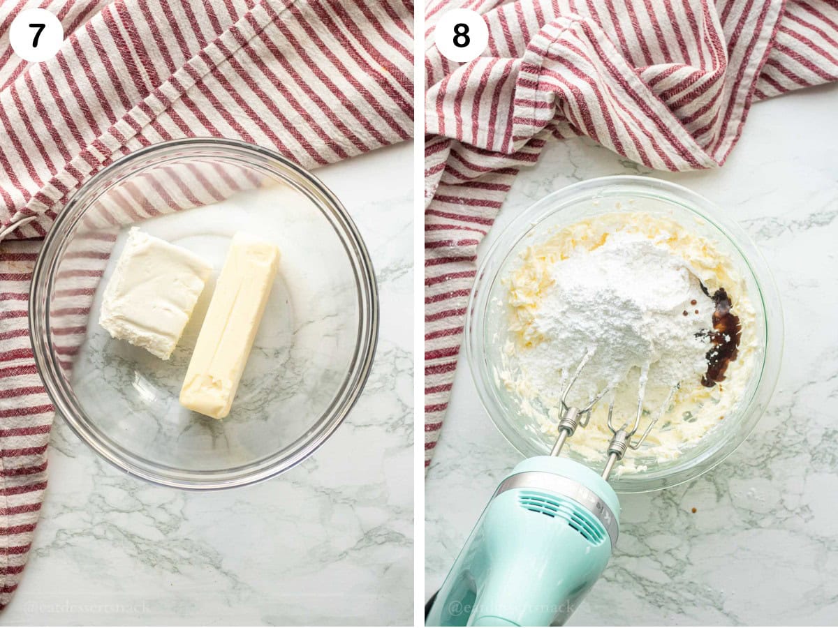 Cream cheese and butter in glass bowl and powdered sugar and vanilla in bowl.
