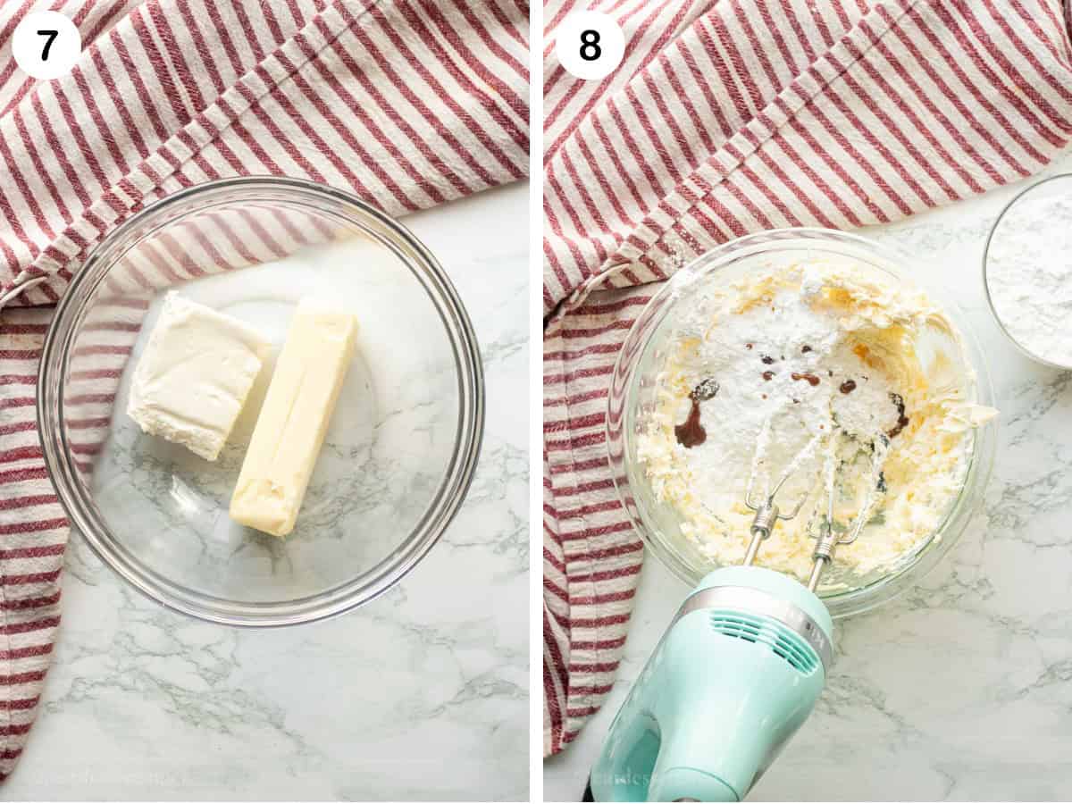Cream cheese and butter in glass bowl and powdered sugar and vanilla in bowl.