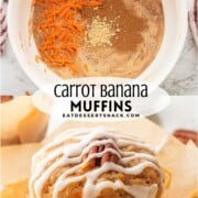 Shredded carrots and spices in white mixing bowl, and baked iced banana carrot muffin.