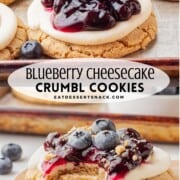 Spoon with blueberry pie filling on cheesecake cookie and bite out of blueberry cheesecake cookie.