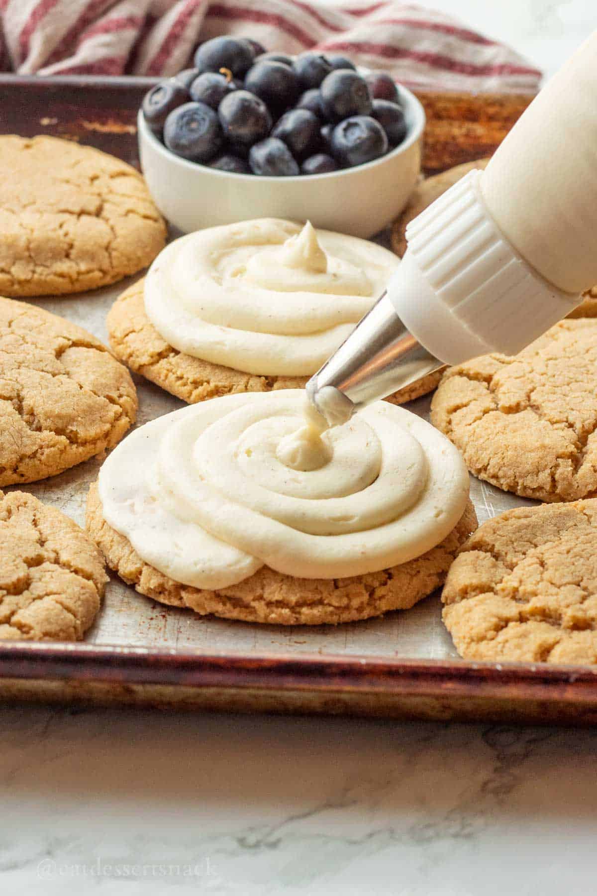 Piping frosting onto graham cracker cookie.