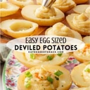 Filling cooked potatoes with filling and and filled deviled potatoes on floral plate.