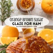 Orange glaze in glass pitcher and spoon drizzling orange glaze over cooked ham.
