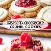 Spoon with raspberry pie filling on cheesecake cookie and bite out of raspberry cheesecake cookie.