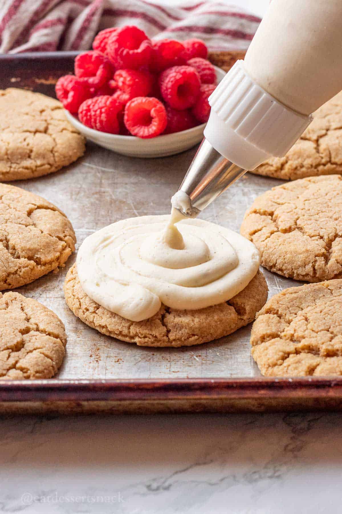 Piping frosting onto graham cracker cookie in front of bowl of raspberries.