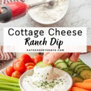 Blender in cottage cheese and cucumber dipping into bowl of ranch dip.