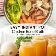 Raw veggies in instant pot liner and chicken stock in jar on wood cutting board with veggies.