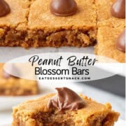 Sliced peanut butter blossom bars on white plate.