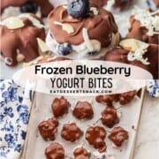 Photo collage of chocolate on blueberry yogurt clusters with blueberry on top and melting chocolate on yogurt bites.