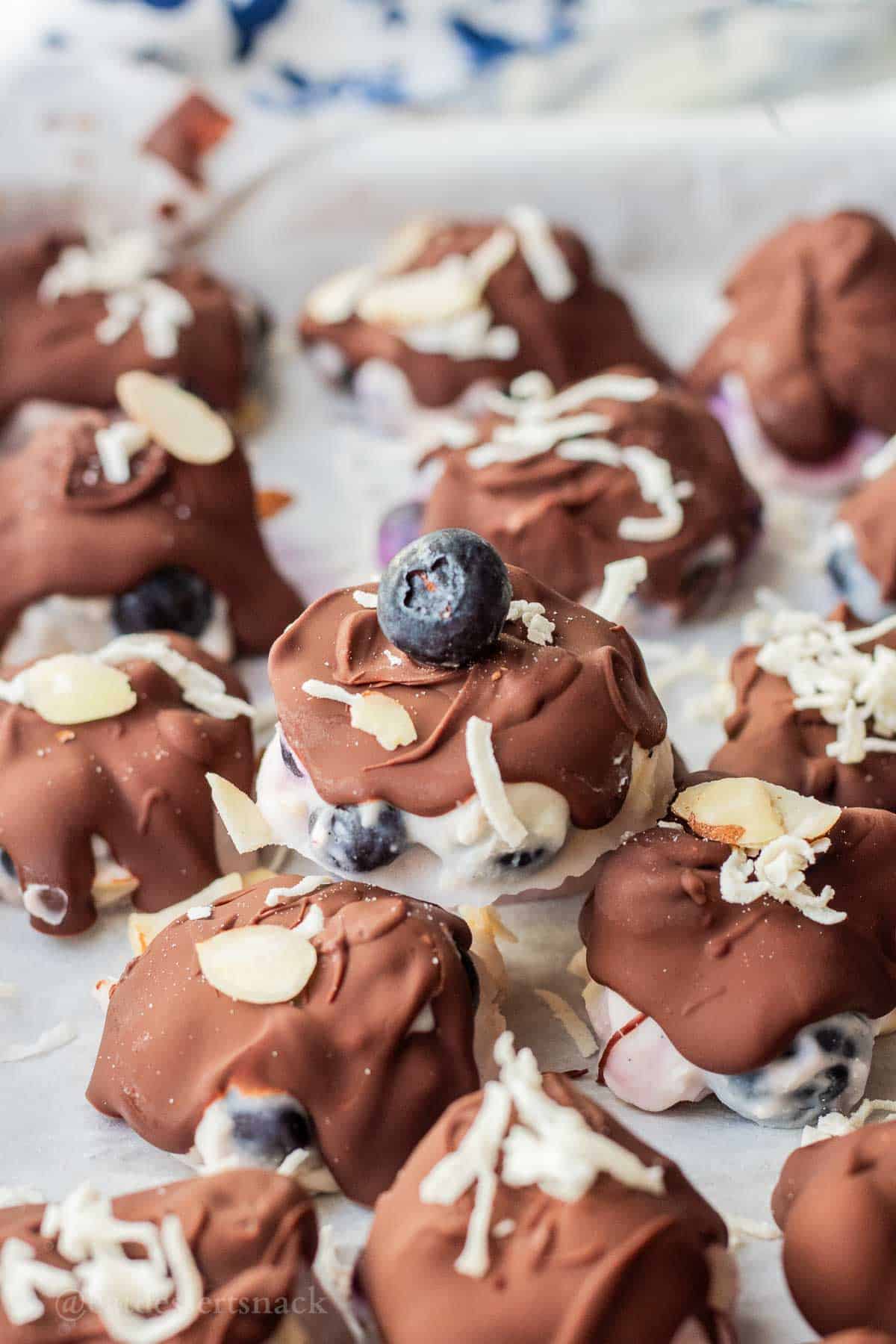 Hardened chocolate on blueberry yogurt clusters with blueberry on top.