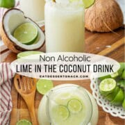 Glass of lime in the coconut drink with straw and lime slice and pitcher of limeade.