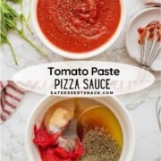 Pizza sauce in bowl and ingredients unmixed in a bowl.