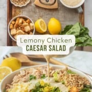 Lemon zest on chicken caesar salad in bowl and ingredients on metal baking pan.