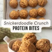 Rolled snickerdoodle protein balls in dish on cutting board with cinnamon sticks.
