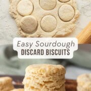 Raw biscuits on marble countertop and baked sourdough biscuit stacked.