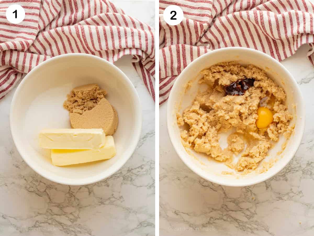 Image collage of butter and sugar in bowl, and vanilla and egg in creamed butter in a bowl.