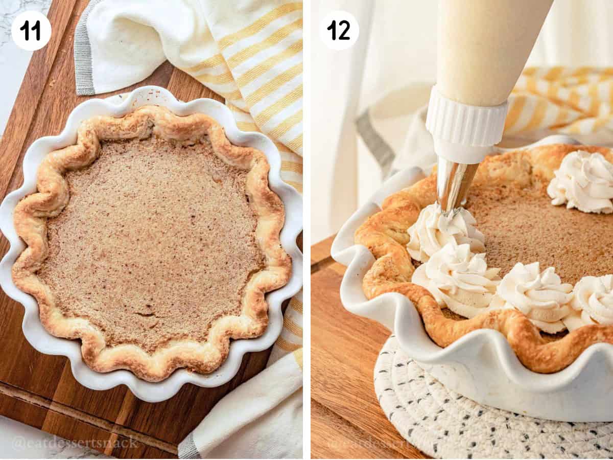 Photo collage of baked banana custard pie, piping whipped cream onto pie.