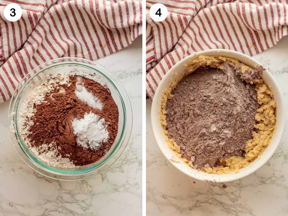 Image collage of cocoa powder, flour, and salt in bowl, and then the dry ingredients being mixed into the butter.