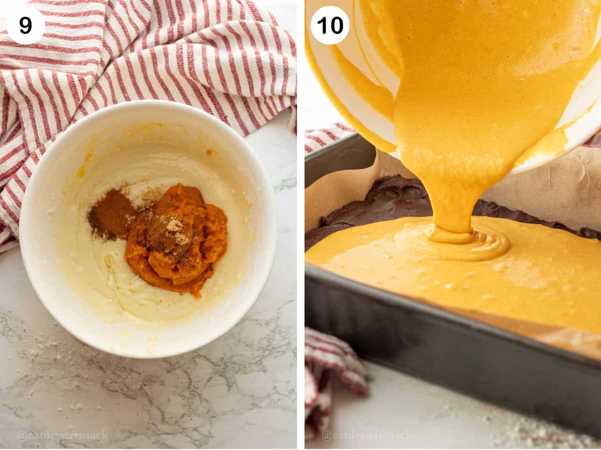 Image collage of pumpkin and spices in cream cheese mixture, and pouring mixture into pan of raw brownie dough.