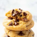 Stacked baked chocolate chip vanilla pudding cookies.