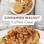 Slice of baked coffee cake with strawberry on plate with streusel ingredients in bowl.