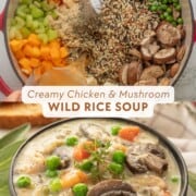 Image collage of raw vegetables with wild rice and chicken in pot and chicken and wild rice soup in bowl.