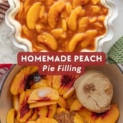 Peach pie filling in raw pie crust, and raw filling ingredient in pot.