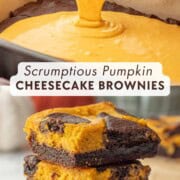 Pouring pumpkin batter onto brownie base, and sliced pumpkin cheesecake brownies stacked.