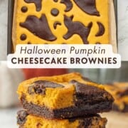 Raw brownie halloween shapes on raw pumpkin batter and sliced pumpkin cheesecake brownies stacked.