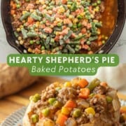 Photo collage of frozen veggies in pan and cooked shepherd's pie filling in baked potato.