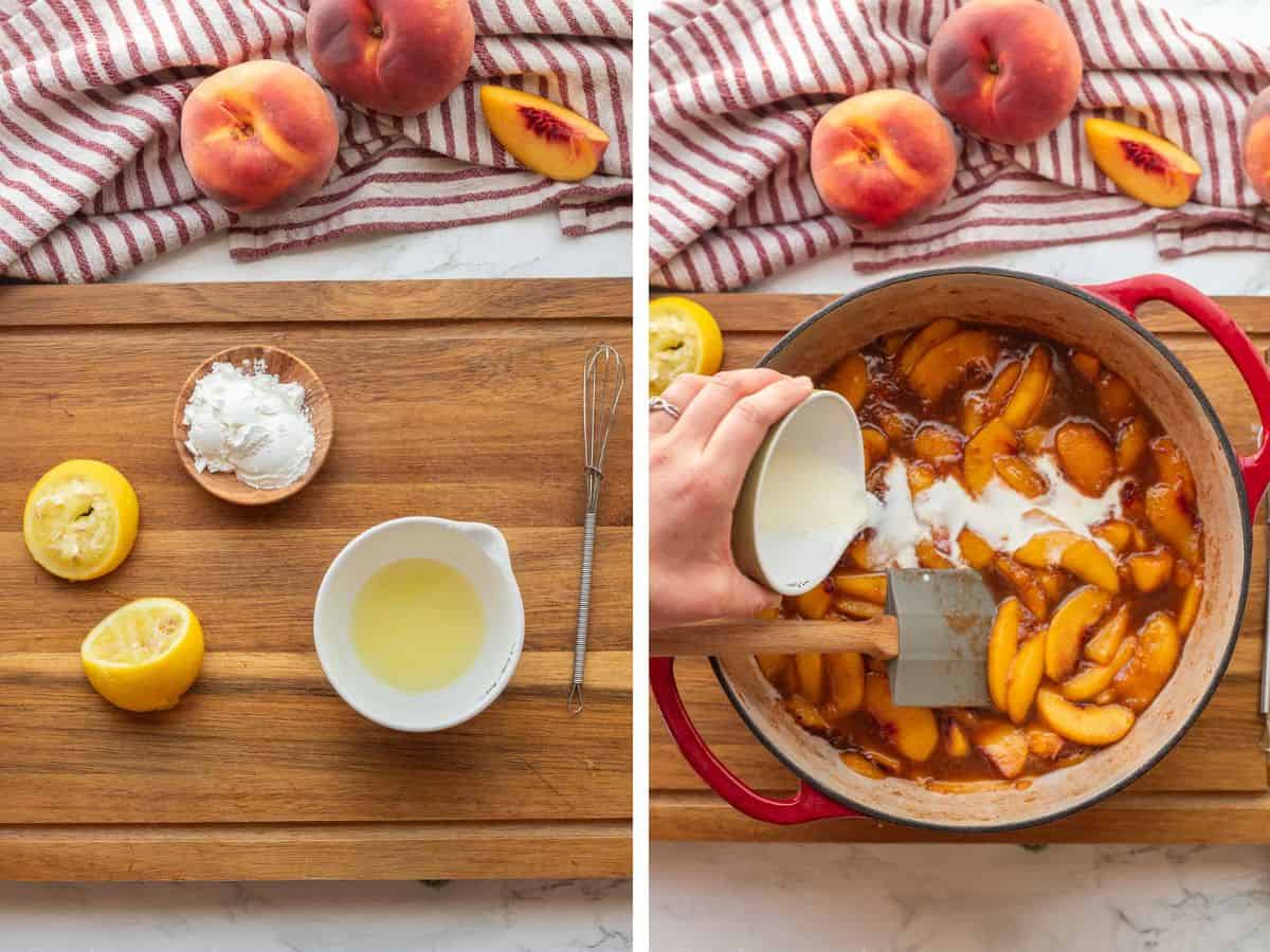 Mixing together cornstarch and lemon juice and pouring into pot of peach filling.