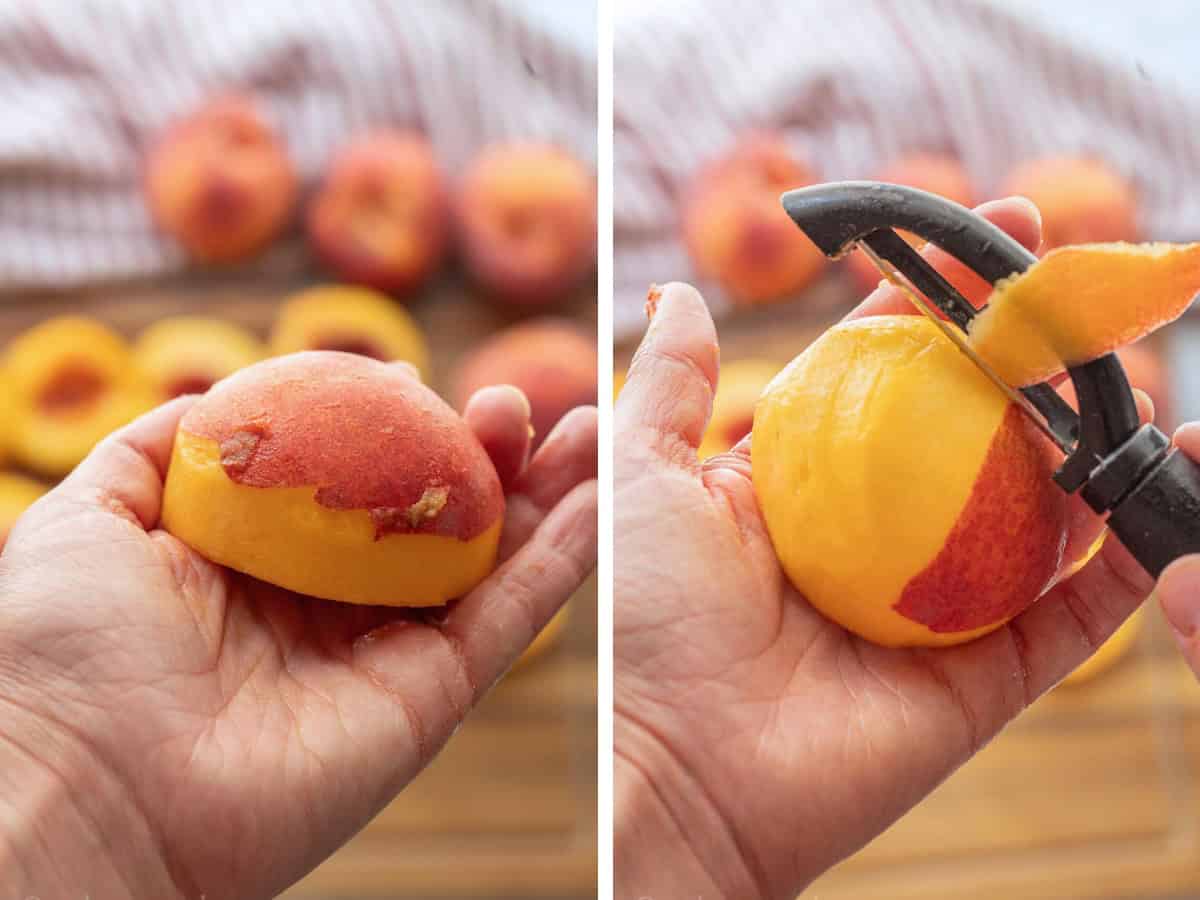 Peeling peaches with veggie peeler.