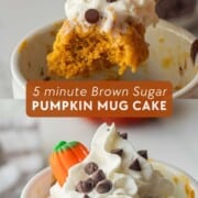 Photo collage of cooked pumpkin mug cake bite on fork and whipped cream in mug with candy pumpkin.