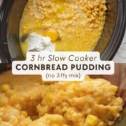 Photo collage of raw ingredients for corn pudding and spoonful of cooked corn pudding in crockpot.