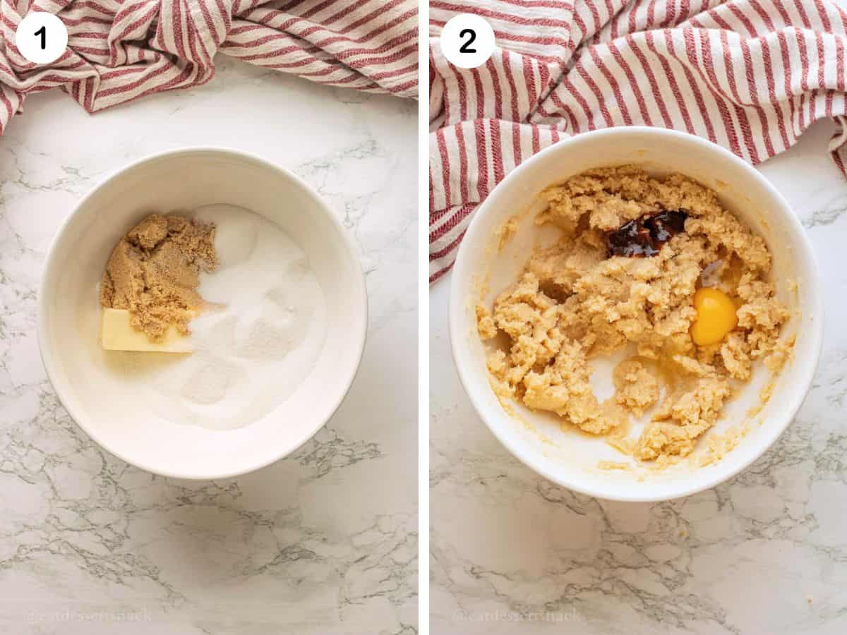 Photos of butter and sugar in a bowl and vanilla and egg in butter mixture.
