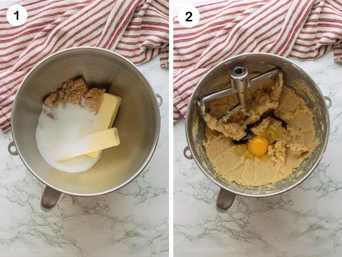 Photo collage of mixing bowls with butter and sugar, and eggs and vanilla.