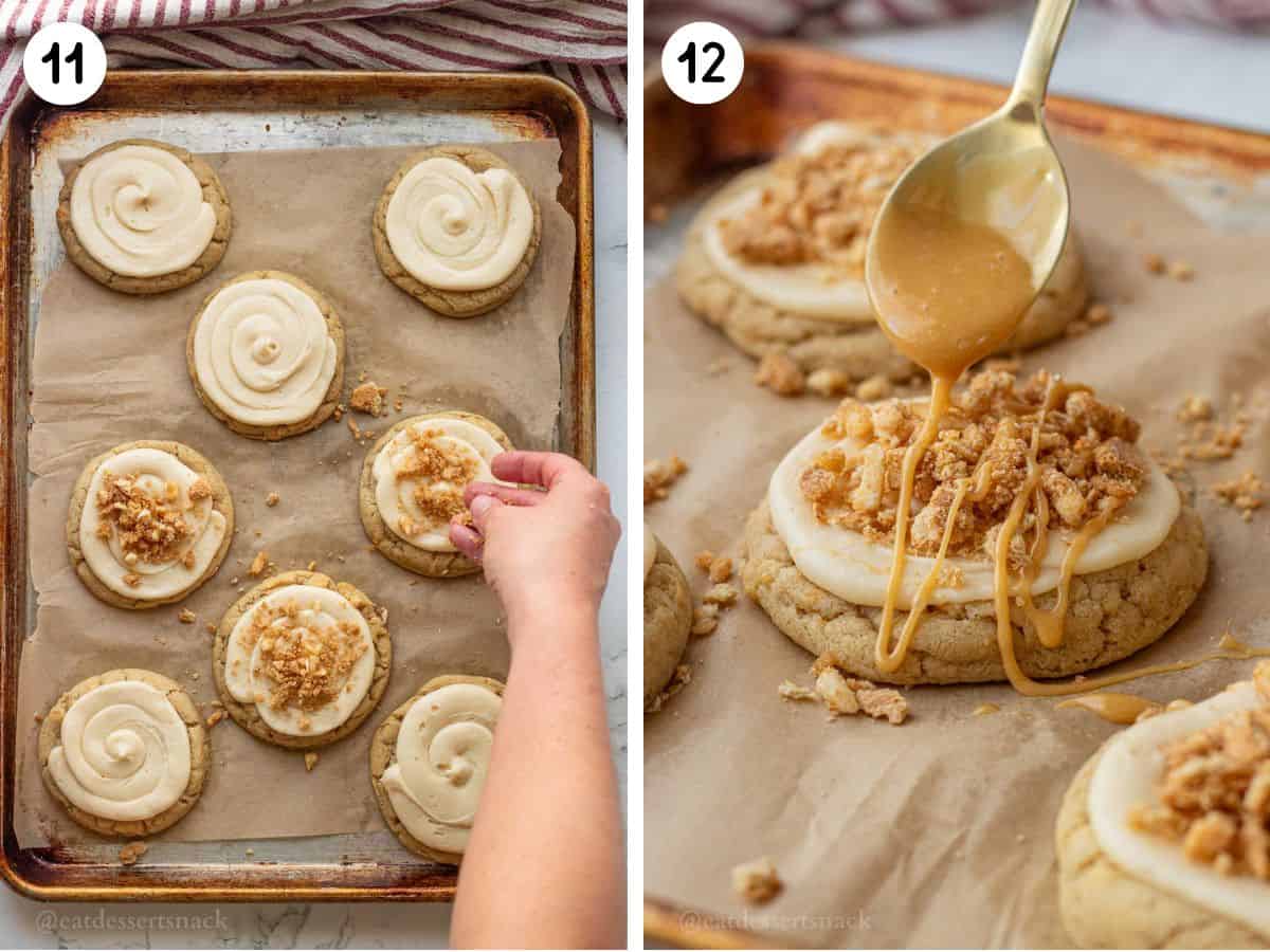 Photo collage of sprinkled streusel on cookies and drizzling caramel on cookies.