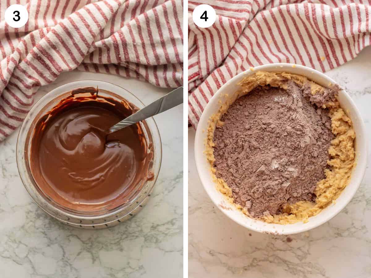 Pictures of melted chocolate and chocolate and dry ingredients in bowl of sugar and butter.