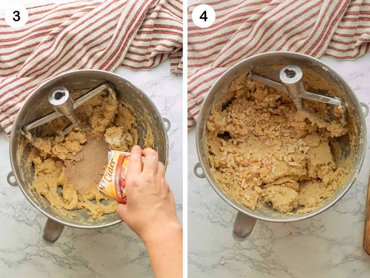 Photo collage of mixing bowls with apple cider mix pouring into bowl and dried apples.