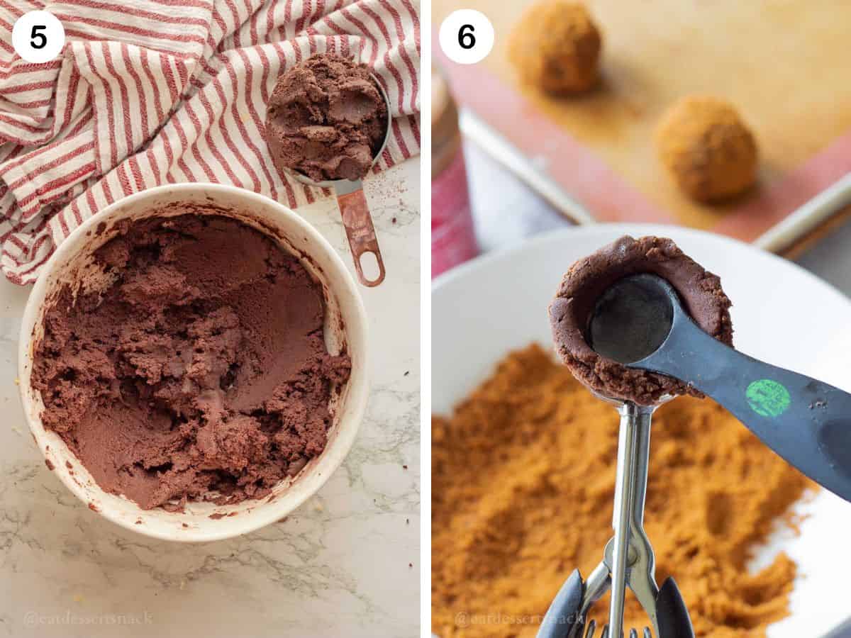 Pictures of chocolate dough and pressing teaspoon into scoop of chocolate dough.